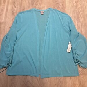 Chicos NWT Womens Size 2/L‎ Cardigan Sweater Ruched 3/4 Sleeve Aqua Lightweight